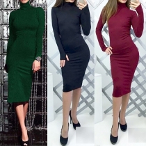 Elegant Solid Color Turtleneck Long Sleeve Slim Fit Dress