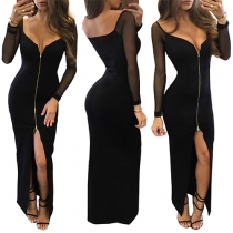 Sexy Gauze Spliced Front Zipper Low-cut Backless Long Sleeve Maxi Dress