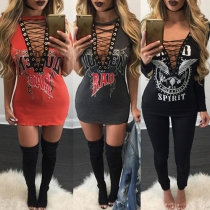 Sexy Front Lace-up Deep V-neck Short Sleeve Printed Dress