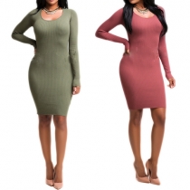 Sexy Solid Color Round Neck Long Sleeve Back Cross Bodycon Dress