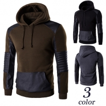 Casual Style PU Leather Spliced Front Pocket Hooded Long Sleeve Men's Sweatshirt