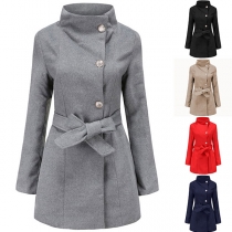 Fashion Solid Color Lapel Long Sleeve Double-breasted Gathered Waist Women's Coat