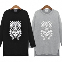 Casual Style Owl Printed Round Neck Long Sleeve Slit High-low Hemline Sweatshirt