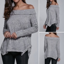 Sexy Solid Color Off Shoulder Long Sleeve Irregular Hemline Tops