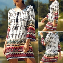 Retro Style Printed Round Neck 3/4 Sleeve Relaxed Dress