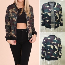Fashion Front Zipper Long Sleeve Camouflage Coat For Women