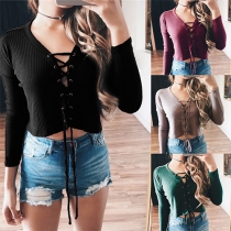 Sexy Solid Color Front Lace-up Long Sleeve Ribbed Crop Tops For Women
