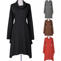 Casual Style Solid Color Turtleneck Long Sleeve Gathered Waist Sweater Dress