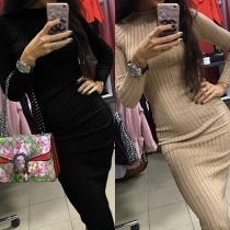 Sexy Solid Color Round Neck Long Sleeve Ribbed Slim Fit Dress