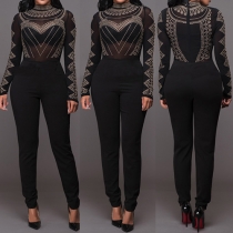 Sexy Hot Fix Rhinestone Mock Neck Long Sleeve Slim Fit Jumpsuit