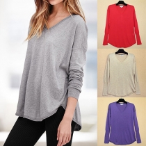 Casual Style Solid Color V-neck Long Sleeve Loose-fitting Tops