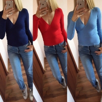 Sexy Solid Color V-neck Long Sleeve Slim Fit Ribbed Tops