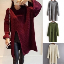 Fashion Solid Color Round Neck Long Sleeve High-Slit Sweater