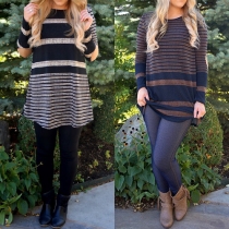 Stylish Round Neck Long Sleeve Loose-fitting Striped Tops
