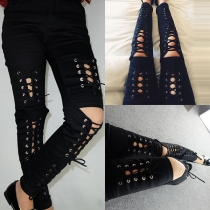 Sexy Solid Color Front Lace-up Hollow Out Slim-fitting Women's Jeans