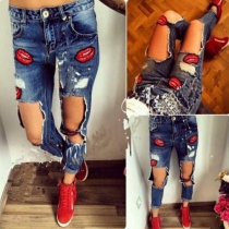Fashion Lips Printed Slim Fit Women's Jeans with Holes
