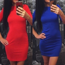 Sexy Solid Color Round Neck Half Sleeve High Waist Slim-fitting Dress