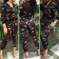 Trendy Camouflage Front Zipper Long Sleeve Coat and Pants Two-piece Set