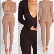 Sexy Solid Color Deep V-neck Long Sleeve Close-fitting Knit Jumpsuit