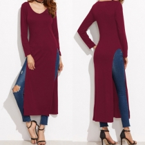 Stylish Solid Color Side Slit V-neck Long Sleeve Dress