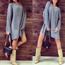Fashion Solid Color Round Neck Long Sleeve Side Slit Sweater Dress