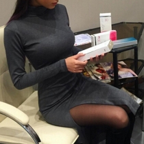 Sexy Solid Color Long Sleeve Turtleneck Side Slit Dress