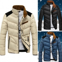 Fashion Contrast Color Front Zipper Stand Collar Long Sleeve Men's Padded Coat