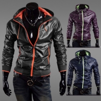 Trendy Contrast Color Front Zipper Long Sleeve Hooded Men's Jacket