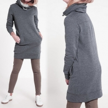 Casual Style Solid Color Turtleneck Long Sleeve 2 Side Pockets Women's Sweatshirt