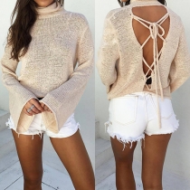 Sexy Solid Color Back Lace-up Hollow Out Turtleneck Bat Sleeve Knit Tops