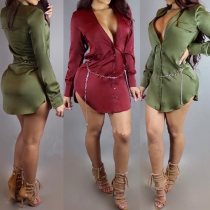 Sexy Solid Color Deep V-neck Long Sleeve Single-breasted Blouse Dress