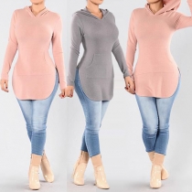 Casual Style Solid Color Front Pocket Hooded Long Sleeve Side Slit Women's Sweatshirt