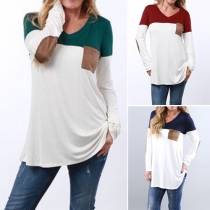 Casual Style Contrast Color Pocket Spliced V-neck Long Sleeve T-shirt
