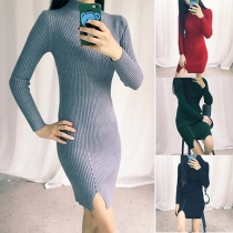 Sexy Solid Color Mock Neck Long Sleeve Cut-out Hemline Knit Dress