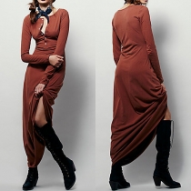 Fashion Solid Color Single-breasted Round Neck Long Sleeve Maxi Dress