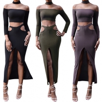 Sexy Solid Color Off Shoulder Crop Tops + Hollow Out High-slit Skirt Two-piece Set