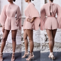 Fashion Solid Color Round Neck Backless Bat Sleeve Gathered Waist Romper