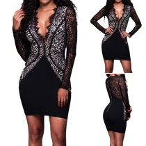 Sexy Deep V-neck Long Sleeve Lace Hollow Out Bodycon Dress
