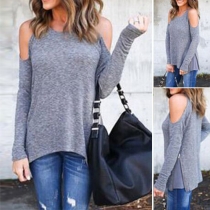Casual Style Solid Color Cold Shoulder Round Neck Long Sleeve Side Zipper T-shirt