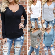 Sexy Solid Color V-neck Long Sleeve Slim Fit T-shirt For Women