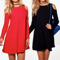 Sexy Solid Color Cold Shoulder Round Neck Long Sleeve Dress