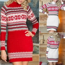 Fashion Printed Turtleneck Long Sleeve Sweater Dress