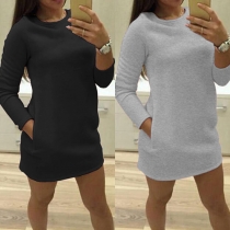 Casual Style Solid Color 2 Side Pockets Round Neck Long Sleeve Dress