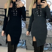 Sexy Solid Color Off Shoulder Front Lace-up Slit Hem Halter Dress