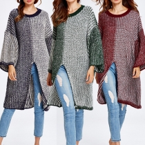 Fashion Contrast Color Round Neck Long Sleeve Front Slit Loose-fitting Sweater