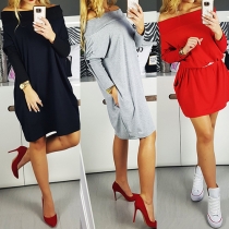 Sexy Solid Color Off Shoulder Long Sleeve 2 Side Pockets Loose-fitting Dress