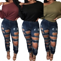 Casual Style Solid Color Round Neck Bat Sleeve Tops