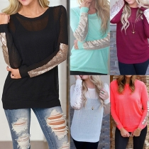 Fashion Sequin Spliced Round Neck Long Sleeve Tops