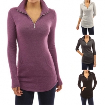 Casual Style Solid Color Front Pocket Zipper V-neck Long Sleeve Tops