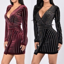 Sexy Hot Fix Rhinestone Deep V-neck Long Sleeve Gathered Waist Dress